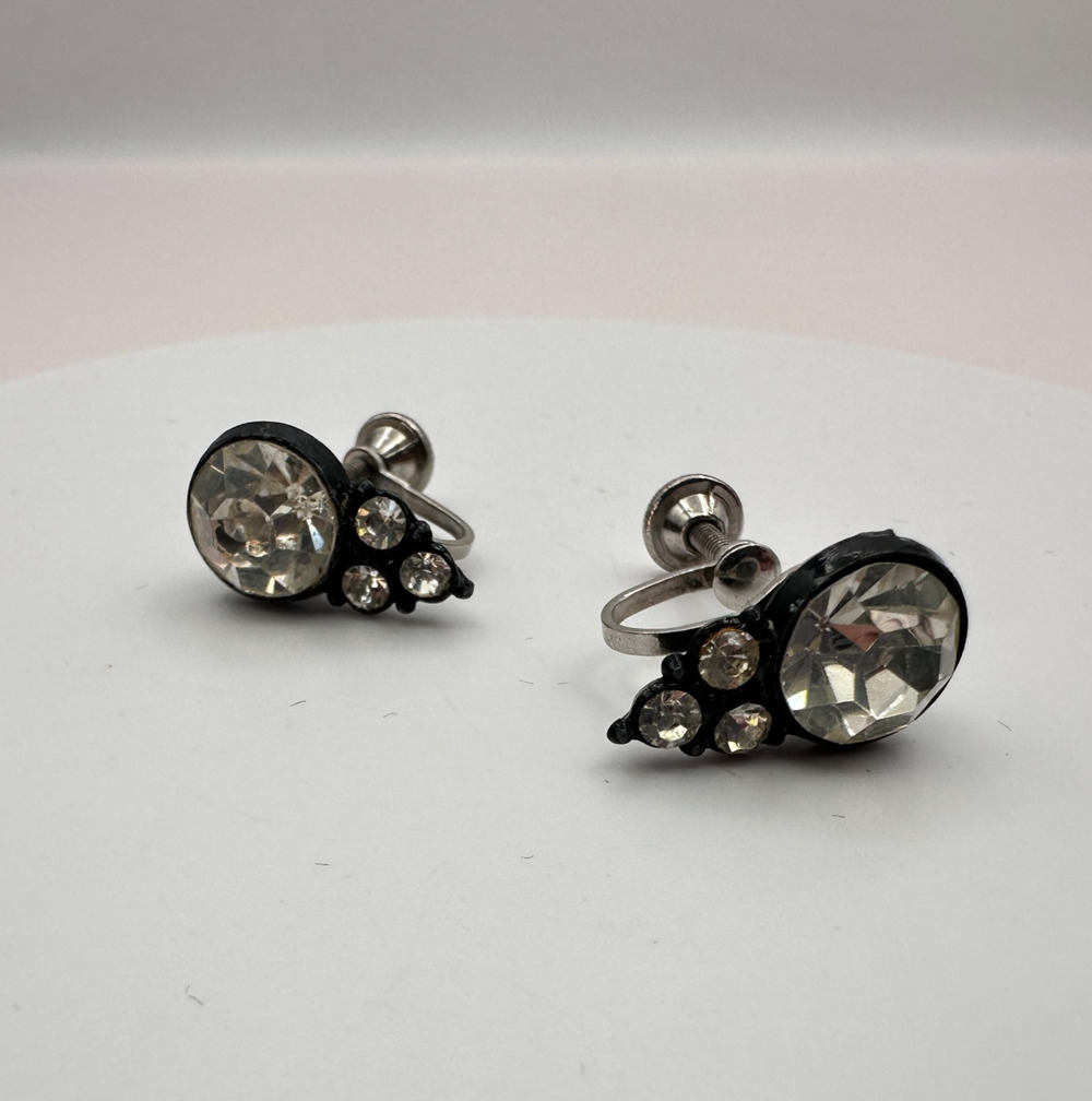 Vintage 80s Clear Glass Black Enamel Earrings Retro Women's Fashion Jewelry